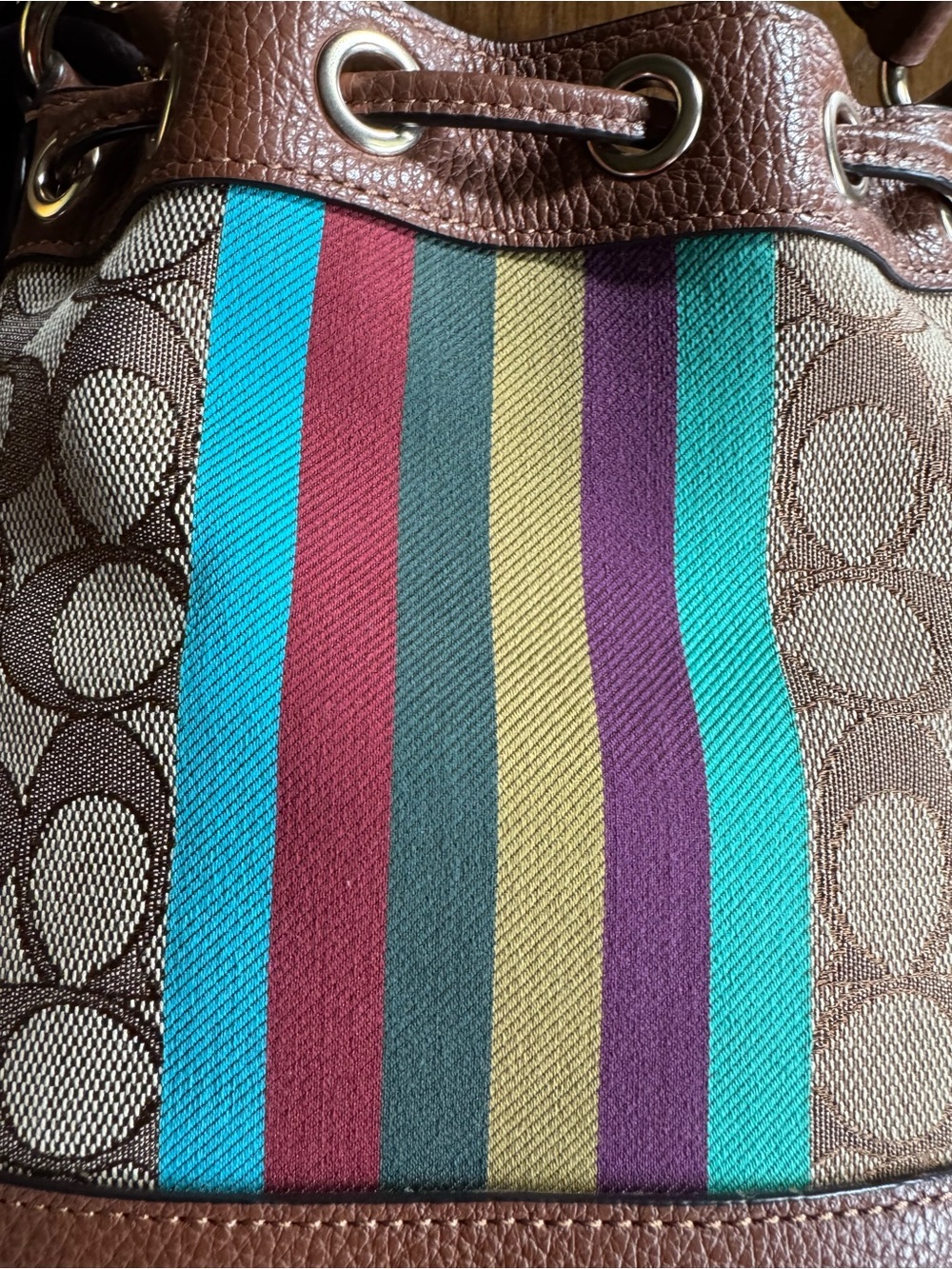 Coach Dempsey Signature Stripe Bucket Bag in Brown with Multicolor Stripe - Picture 7 of 15